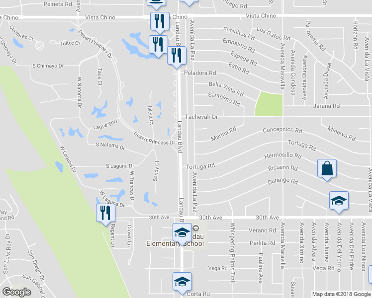 map of restaurants, bars, coffee shops, grocery stores, and more near 29290 Landau Boulevard in Cathedral City