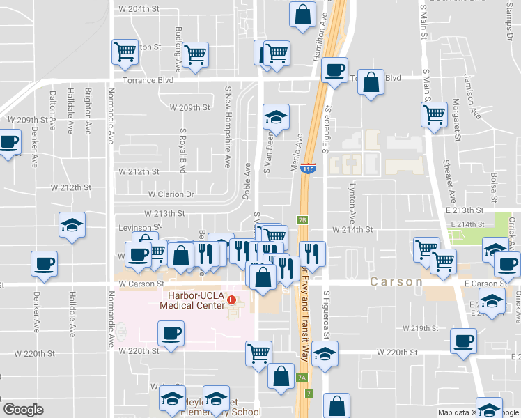 map of restaurants, bars, coffee shops, grocery stores, and more near 834 213th Street in Torrance