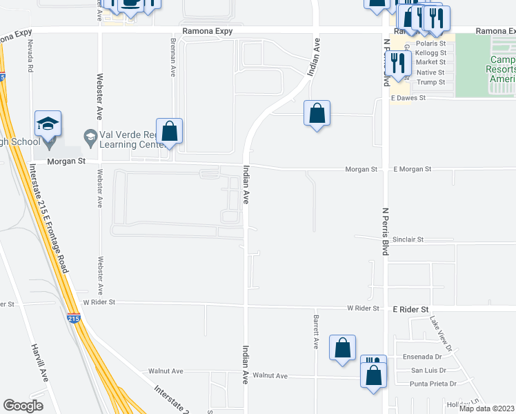 map of restaurants, bars, coffee shops, grocery stores, and more near 3500 Indian Avenue in Perris