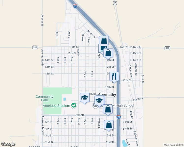 map of restaurants, bars, coffee shops, grocery stores, and more near 1200 Avenue F in Abernathy