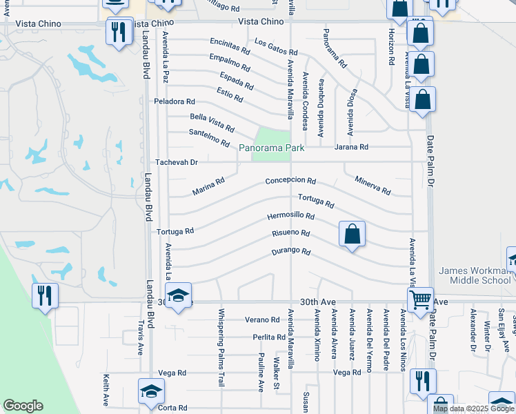 map of restaurants, bars, coffee shops, grocery stores, and more near 68355 Tortuga Road in Cathedral City