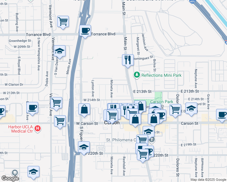 map of restaurants, bars, coffee shops, grocery stores, and more near 21308 Moneta Avenue in Carson