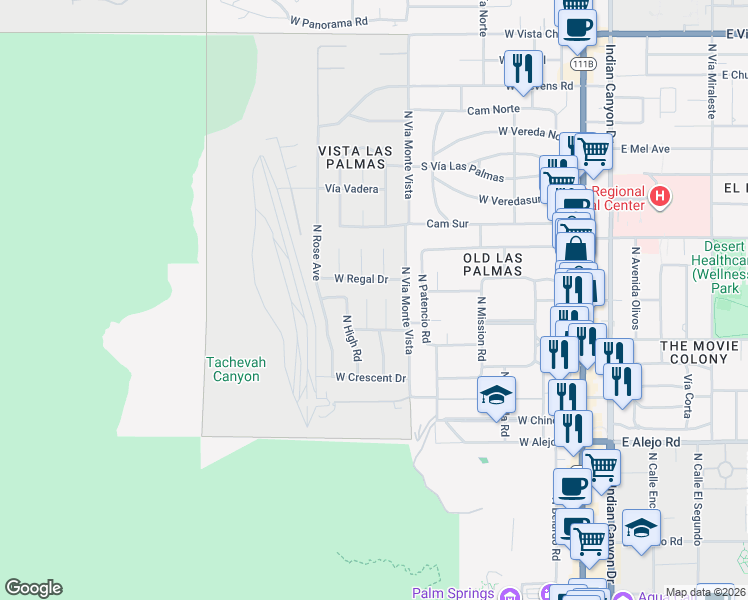 map of restaurants, bars, coffee shops, grocery stores, and more near 894 North Topaz Circle in Palm Springs