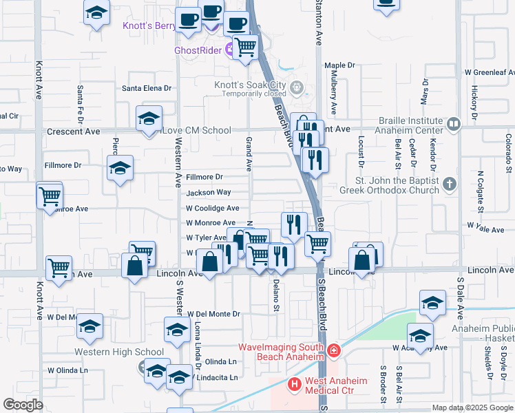 map of restaurants, bars, coffee shops, grocery stores, and more near 3075 West Coolidge Avenue in Anaheim