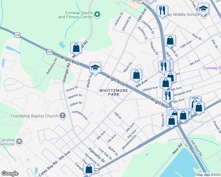 map of restaurants, bars, coffee shops, grocery stores, and more near 1008 Whittemore Street in Conway