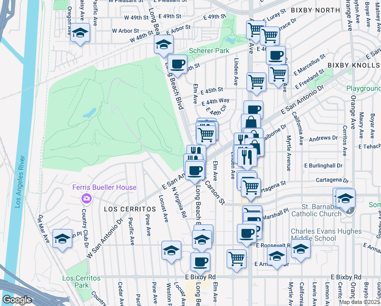 map of restaurants, bars, coffee shops, grocery stores, and more near 4231 Long Beach Boulevard in Long Beach