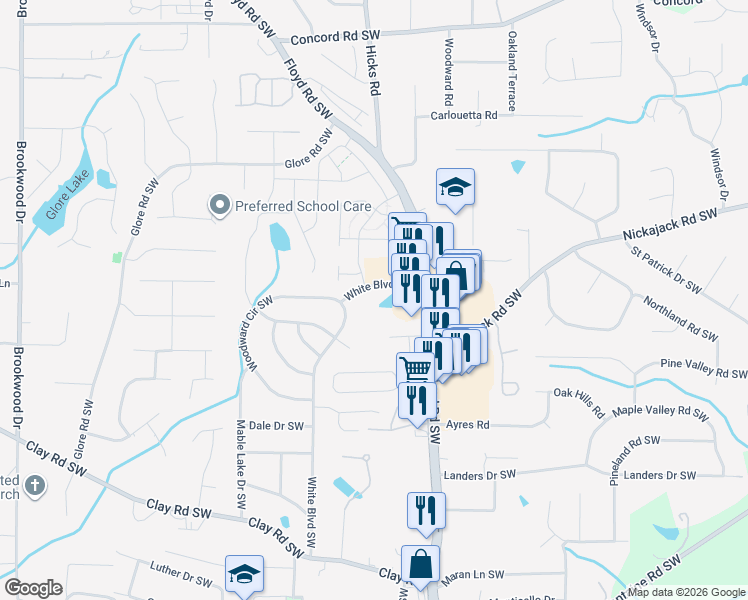 map of restaurants, bars, coffee shops, grocery stores, and more near 4917 White Boulevard Southwest in Mableton