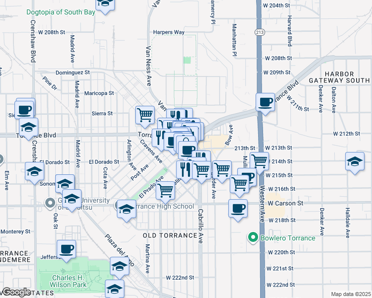 map of restaurants, bars, coffee shops, grocery stores, and more near 1215 El Prado Avenue in Torrance