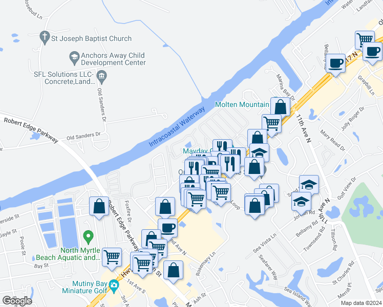 map of restaurants, bars, coffee shops, grocery stores, and more near 2011 West Port Drive in North Myrtle Beach
