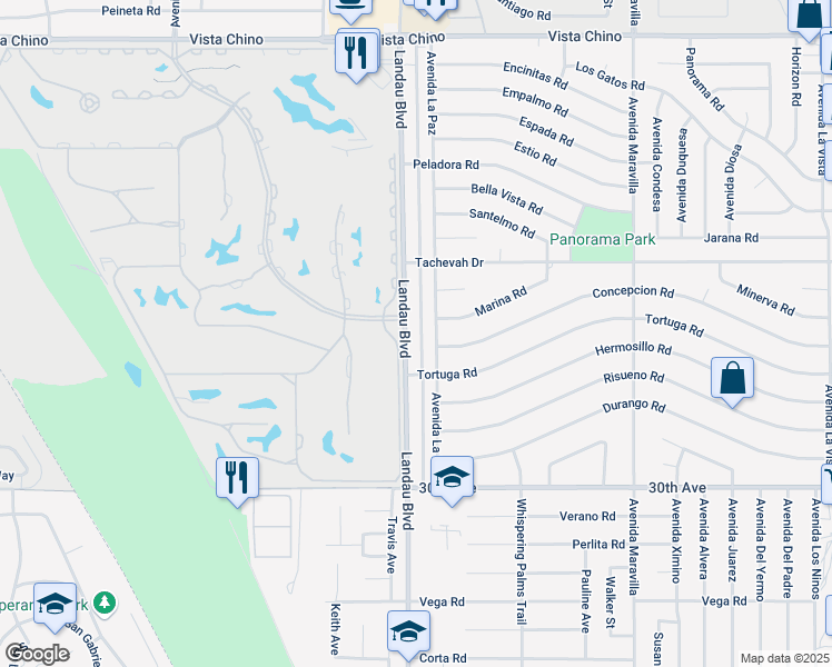 map of restaurants, bars, coffee shops, grocery stores, and more near 29290 Landau Boulevard in Cathedral City