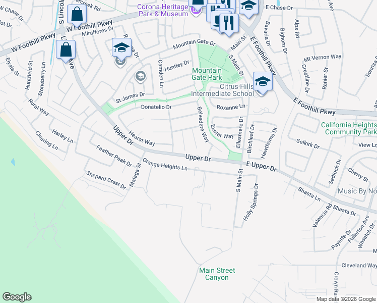 map of restaurants, bars, coffee shops, grocery stores, and more near 3575 Ambrose Circle in Corona