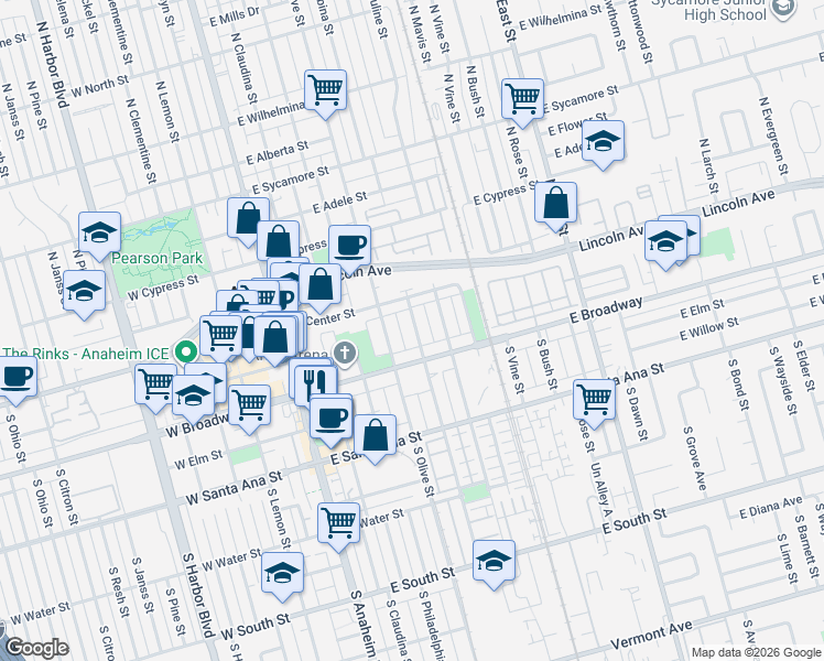 map of restaurants, bars, coffee shops, grocery stores, and more near 116 South Melrose Street in Anaheim