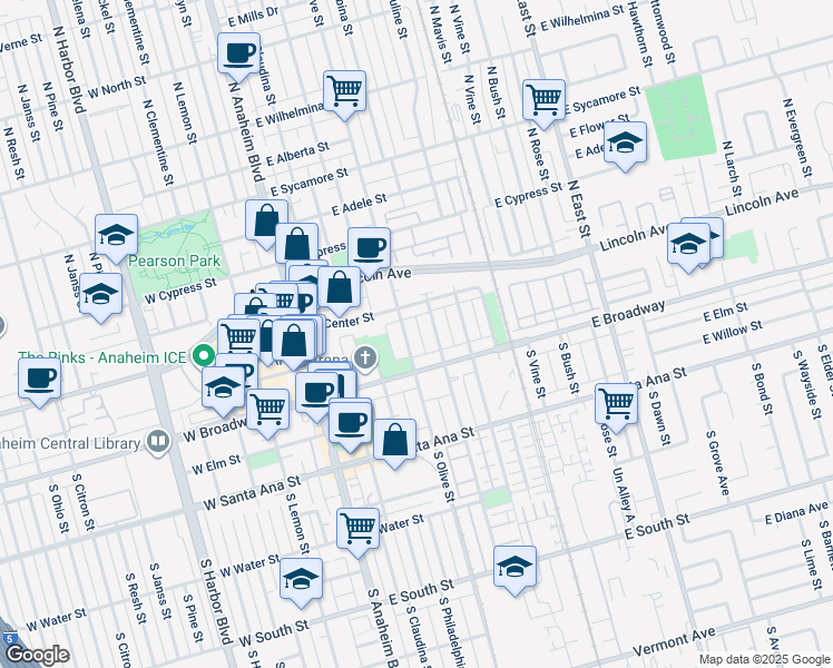 map of restaurants, bars, coffee shops, grocery stores, and more near 116 South Melrose Street in Anaheim