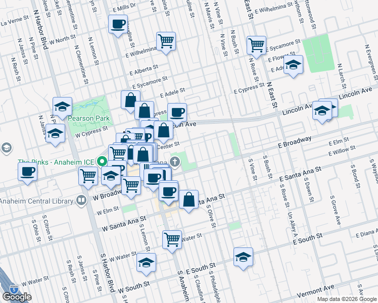 map of restaurants, bars, coffee shops, grocery stores, and more near 119 South Olive Street in Anaheim