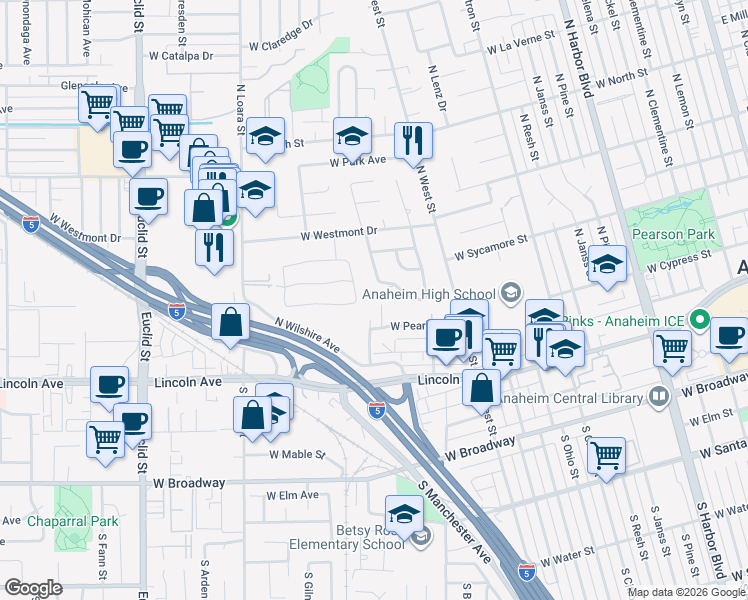 map of restaurants, bars, coffee shops, grocery stores, and more near 319 North Dwyer Place in Anaheim