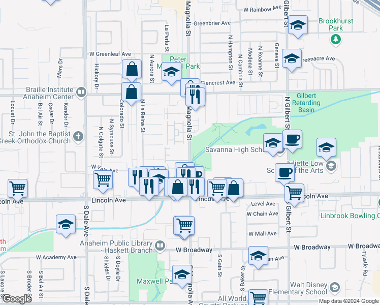 map of restaurants, bars, coffee shops, grocery stores, and more near 305 North Magnolia Avenue in Anaheim