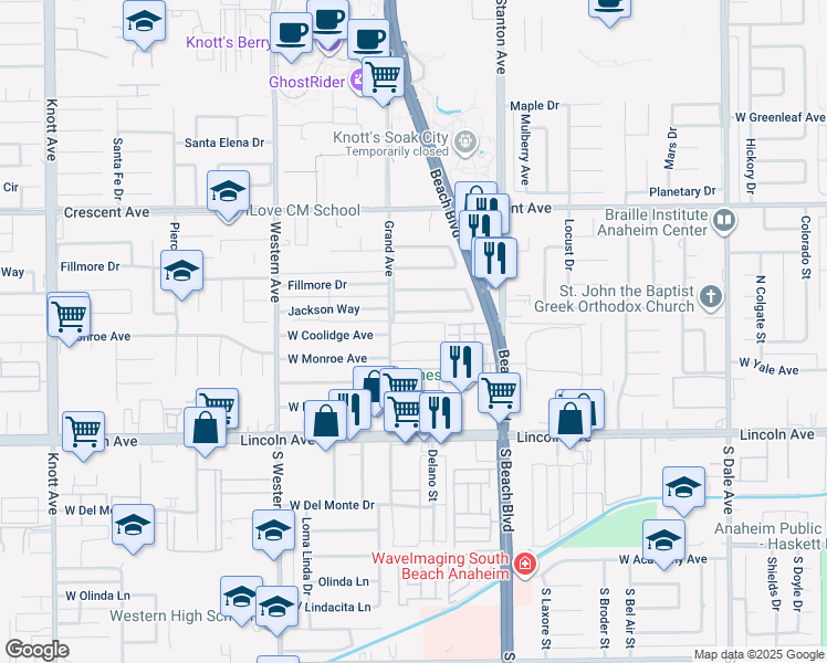 map of restaurants, bars, coffee shops, grocery stores, and more near 3075 West Coolidge Avenue in Anaheim