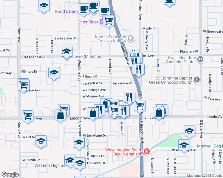 map of restaurants, bars, coffee shops, grocery stores, and more near 3075 West Coolidge Avenue in Anaheim