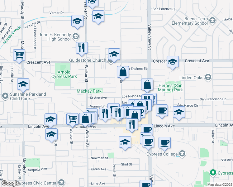 map of restaurants, bars, coffee shops, grocery stores, and more near 5645 Orchid Way in Cypress