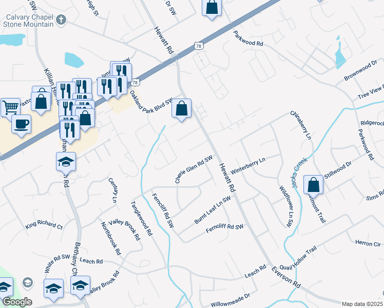 map of restaurants, bars, coffee shops, grocery stores, and more near 3794 Whaley Court Southwest in Snellville