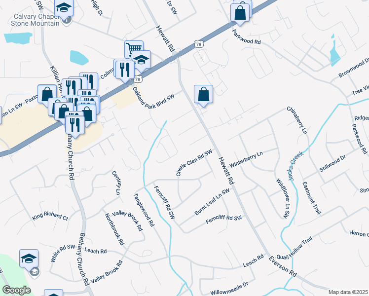 map of restaurants, bars, coffee shops, grocery stores, and more near 3814 Whaley Court Southwest in Snellville