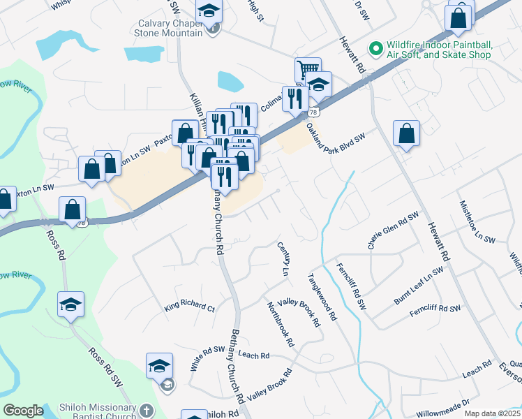 map of restaurants, bars, coffee shops, grocery stores, and more near 1501 Wiloaks Drive in Snellville