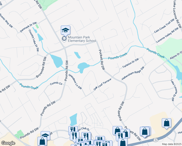 map of restaurants, bars, coffee shops, grocery stores, and more near 1709 Oak Ridge Circle Southwest in Stone Mountain