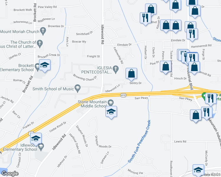 map of restaurants, bars, coffee shops, grocery stores, and more near 4413 Idlewood Lane in Tucker