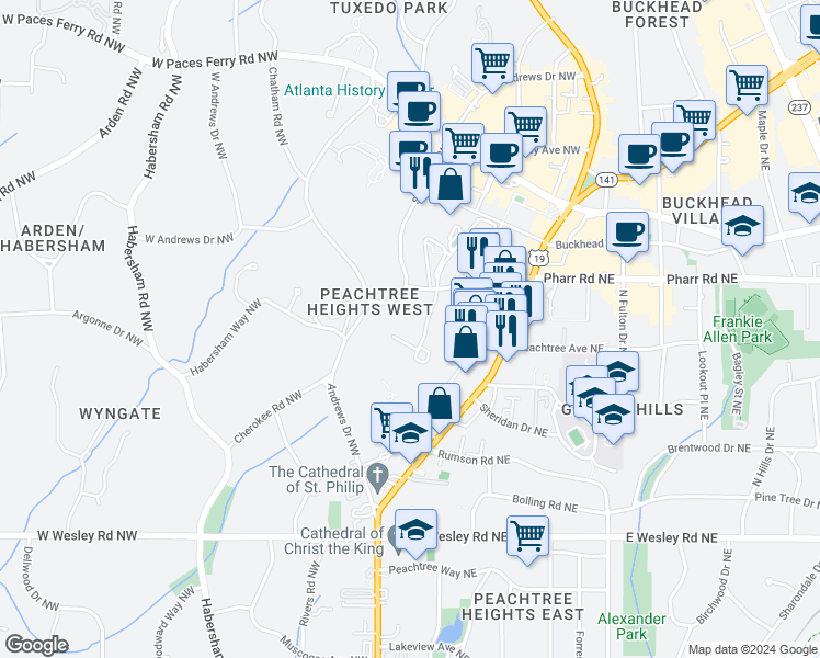 map of restaurants, bars, coffee shops, grocery stores, and more near 2920 Pharr Court South Northwest in Atlanta
