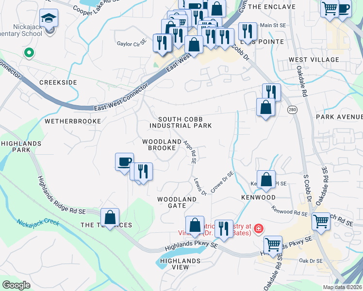 map of restaurants, bars, coffee shops, grocery stores, and more near 4868 Clay Brooke Drive Southeast in Smyrna