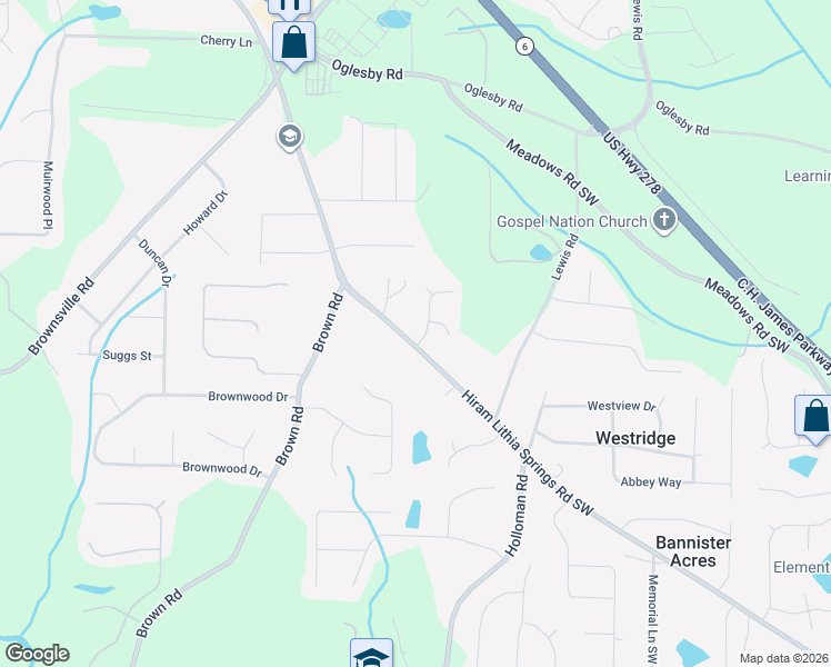 map of restaurants, bars, coffee shops, grocery stores, and more near 4895 Hiram Lithia Springs Road Southwest in Powder Springs