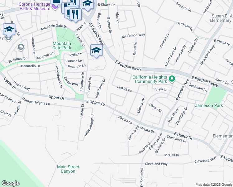 map of restaurants, bars, coffee shops, grocery stores, and more near 363 Appleby Street in Corona