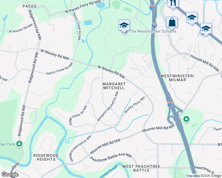 map of restaurants, bars, coffee shops, grocery stores, and more near 2854 Wesley Heath in Atlanta