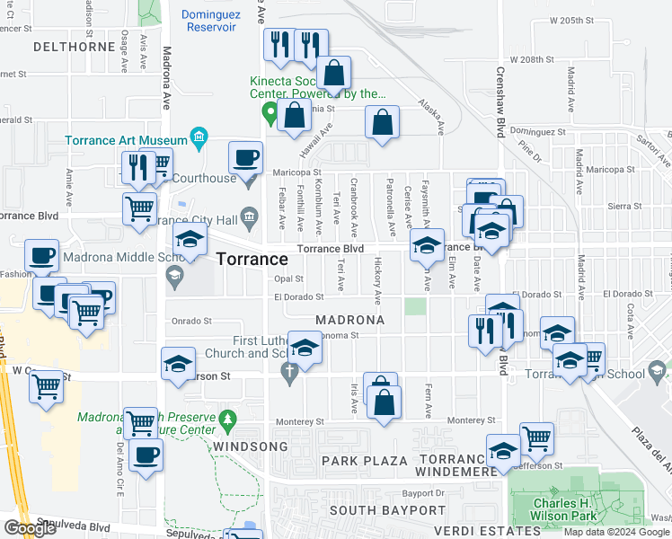 map of restaurants, bars, coffee shops, grocery stores, and more near 1219 Teri Avenue in Torrance