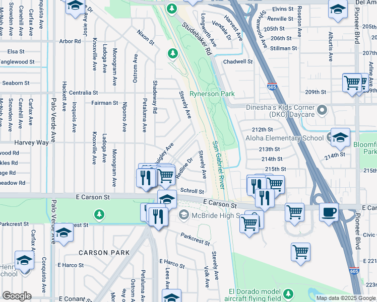 map of restaurants, bars, coffee shops, grocery stores, and more near 4236 Los Coyotes Diagonal in Lakewood