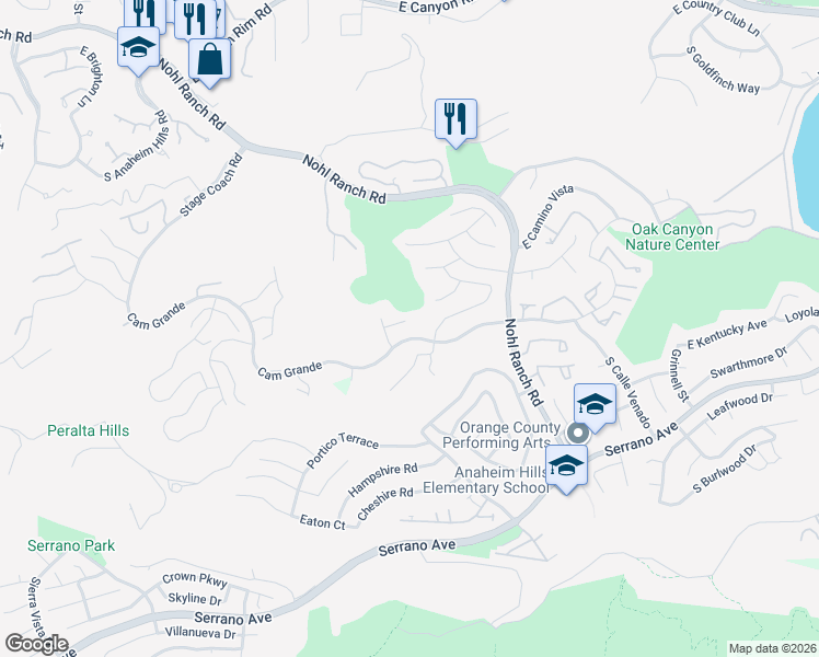 map of restaurants, bars, coffee shops, grocery stores, and more near 6430 East Oakview Lane in Anaheim