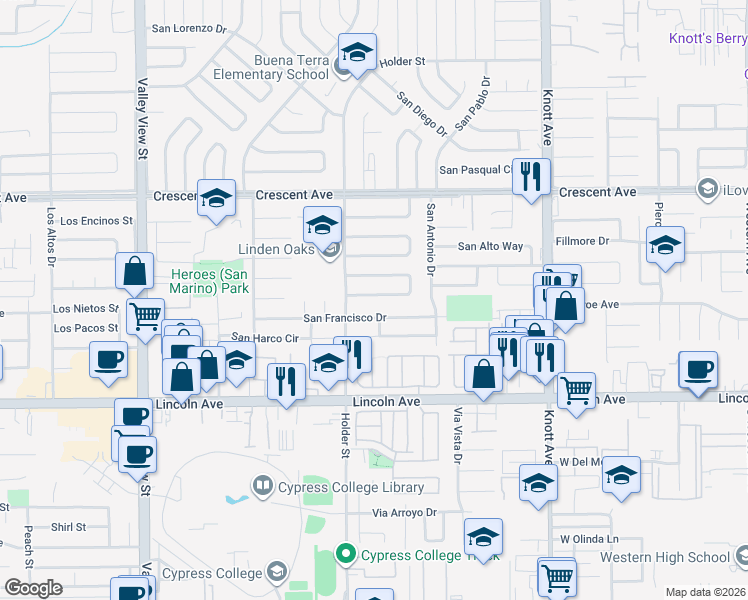 map of restaurants, bars, coffee shops, grocery stores, and more near 6642 San Haroldo Way in Buena Park