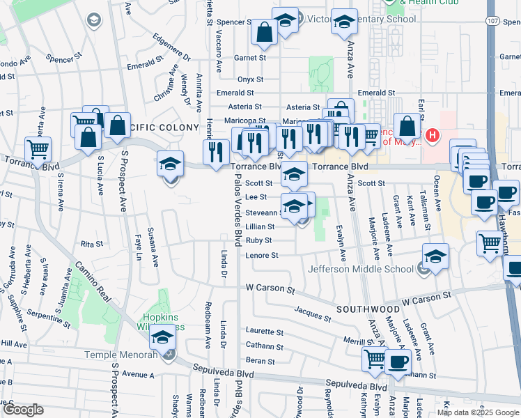 map of restaurants, bars, coffee shops, grocery stores, and more near 5207 Steveann Street in Torrance