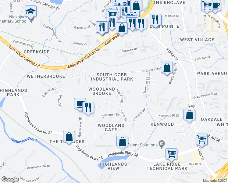 map of restaurants, bars, coffee shops, grocery stores, and more near 4868 Clay Brooke Drive Southeast in Smyrna