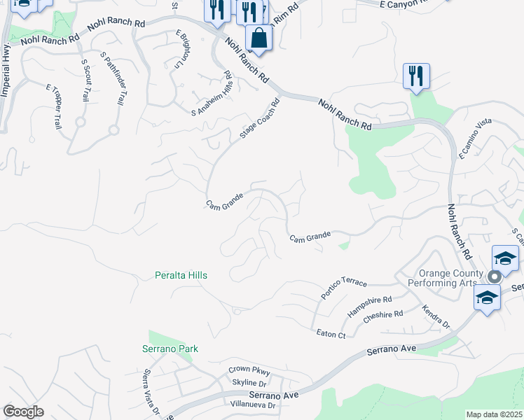 map of restaurants, bars, coffee shops, grocery stores, and more near 6221 East Onyx Lane in Anaheim