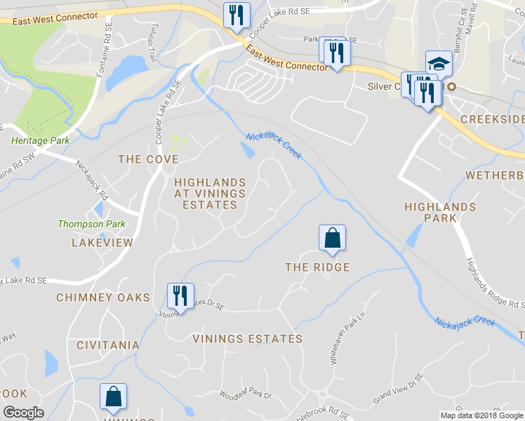map of restaurants, bars, coffee shops, grocery stores, and more near 4933 Ridge Oak Court Southeast in Mableton