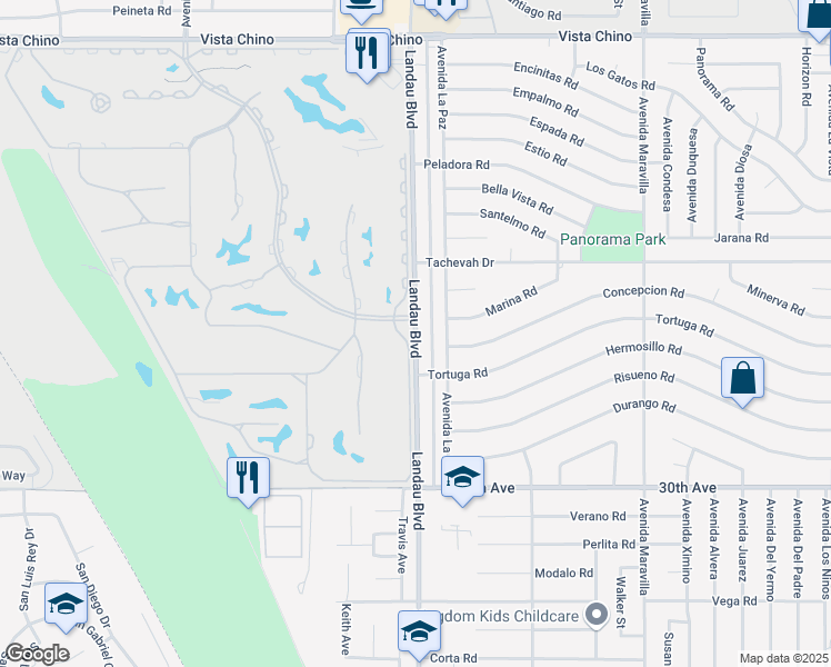 map of restaurants, bars, coffee shops, grocery stores, and more near Landau Boulevard in Cathedral City