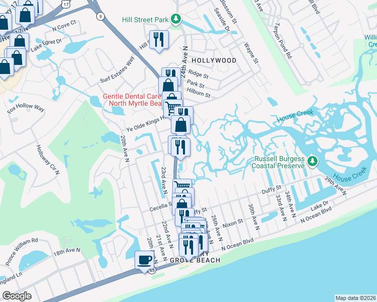 map of restaurants, bars, coffee shops, grocery stores, and more near 624 Creekfront Road in North Myrtle Beach
