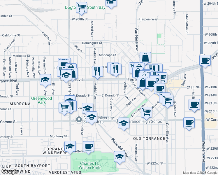 map of restaurants, bars, coffee shops, grocery stores, and more near 1229 Cota Avenue in Torrance