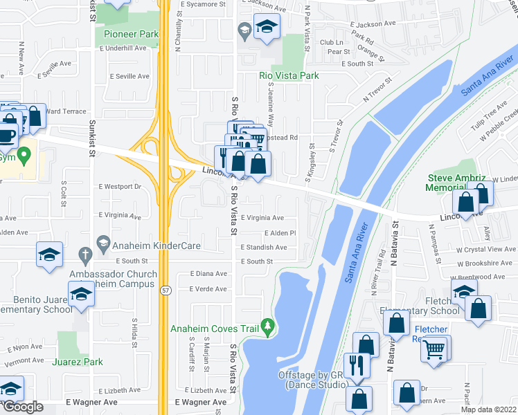 map of restaurants, bars, coffee shops, grocery stores, and more near 2832 East Puritan Place in Anaheim