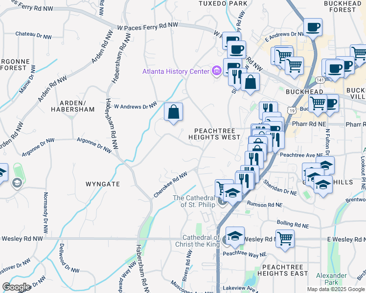 map of restaurants, bars, coffee shops, grocery stores, and more near 3089 Habersham Way Northwest in Atlanta