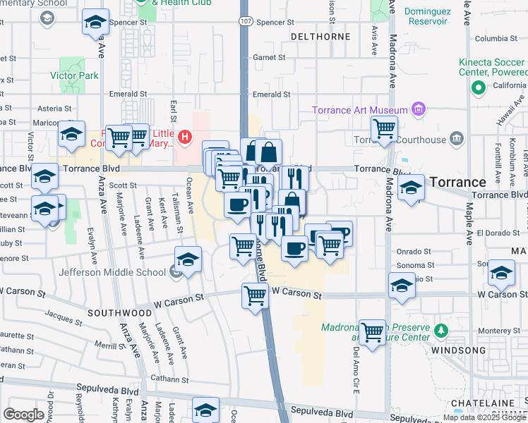 map of restaurants, bars, coffee shops, grocery stores, and more near 21270 Hawthorne Boulevard in Torrance