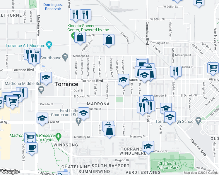 map of restaurants, bars, coffee shops, grocery stores, and more near 1228 Hickory Avenue in Torrance