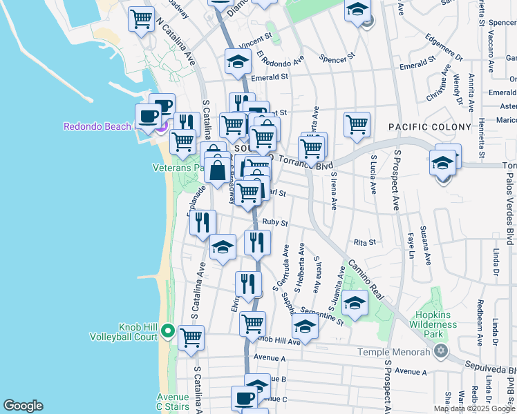 map of restaurants, bars, coffee shops, grocery stores, and more near 415 South Guadalupe Avenue in Redondo Beach