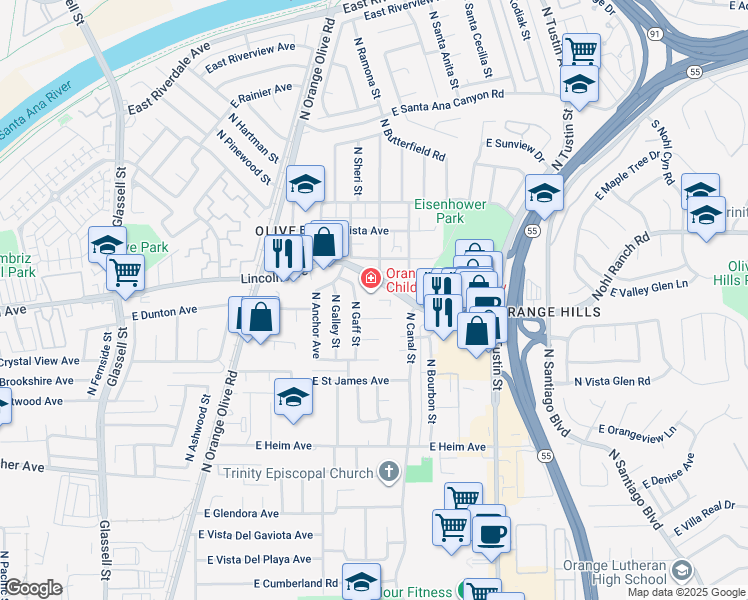 map of restaurants, bars, coffee shops, grocery stores, and more near 1122 East Lincoln Avenue in Orange